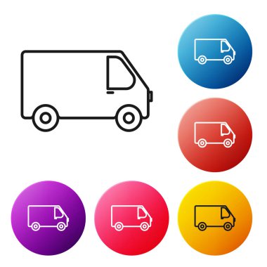 Siyah çizgi kargo kamyonu ikonu beyaz arka planda izole edildi. Renkli daire düğmelerini ayarlayın. Vektör İllüstrasyonu