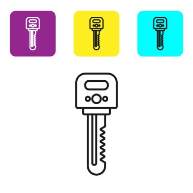 Beyaz arkaplanda siyah çizgi anahtar simgesi izole edildi. Renkli kare düğmeleri ayarlayın. Vektör İllüstrasyonu