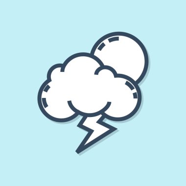 Mavi çizgi Storm simgesi mavi arkaplanda izole edildi. Şimşek ve güneş işaretli bir bulut. Fırtınanın hava durumu ikonu. Vektör İllüstrasyonu