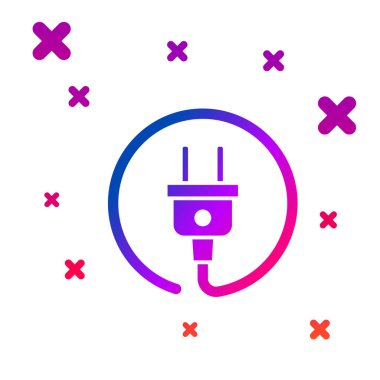 Beyaz arkaplanda izole edilmiş renk elektrik dolgusu simgesi. Bağlantı kavramı ve elektriğin kesilmesi. Kademeli rastgele dinamik şekiller. Vektör İllüstrasyonu