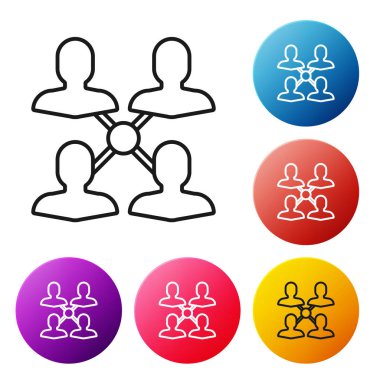 Beyaz arkaplanda siyah çizgi proje taban simgesi izole edildi. İş analizi ve planlama, danışmanlık, takım çalışması, proje yönetimi. Renkli daire düğmelerini ayarlayın. Vektör İllüstrasyonu