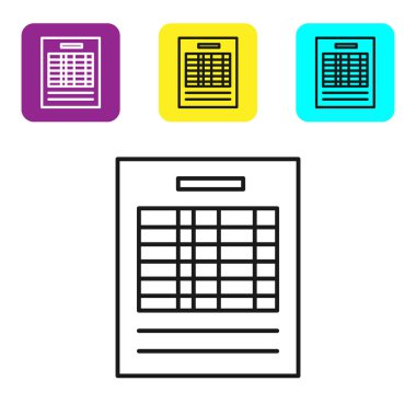 Siyah çizgi Raporu dosya simgesi beyaz arkaplanda izole edildi. Kontrol listesi simgesi. İş konsepti. Renkli kare düğmeleri ayarlayın. Vektör İllüstrasyonu