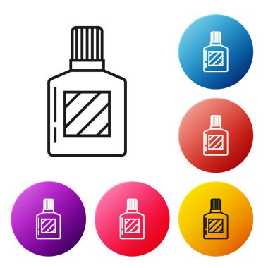 Beyaz arka planda siyah çizgi tıraş losyonu ikonu izole edildi. Parfüm spreyi ikonu. Erkek parfüm şişesi. Renkli daire düğmelerini ayarlayın. Vektör İllüstrasyonu