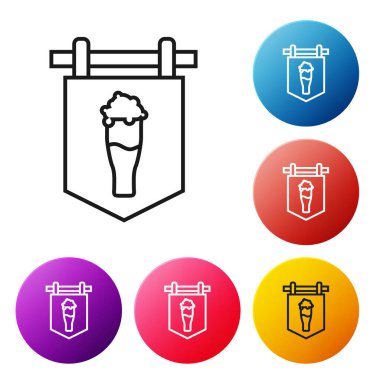 Beyaz arka planda izole edilmiş bira ikonu dolu siyah çizgi sokak tabelası. Reklamlar için uygun bar, kafe, bar, restoran. Renkli daire düğmelerini ayarlayın. Vektör İllüstrasyonu