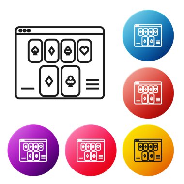 Siyah çizgi Online poker masası simgesi beyaz arkaplanda izole edildi. İnternetteki kumarhane. Renkli daire düğmelerini ayarlayın. Vektör İllüstrasyonu