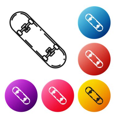 Siyah çizgi kaykay simgesi beyaz arkaplanda izole edildi. Olağanüstü bir spor. Spor malzemeleri. Renkli daire düğmelerini ayarlayın. Vektör İllüstrasyonu