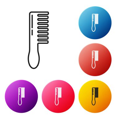 Beyaz arkaplanda siyah çizgi saç fırçası simgesi izole edildi. Taraklı saç işareti. Berber sembolü. Renkli daire düğmelerini ayarlayın. Vektör İllüstrasyonu