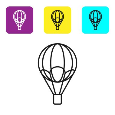 Siyah çizgi Sıcak hava balonu simgesi beyaz arka plan üzerinde izole. Seyahat için hava taşımacılığı. Simgeleri renkli kare düğmeleri ayarlayın. Vektör İllüstrasyonu