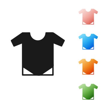 Beyaz arka planda siyah bebek tulumu ikonu izole edildi. Bebek kıyafetleri sembolü. Çocuk giyimi tabelası. Simgeleri renklendirin. Vektör İllüstrasyonu