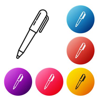 Beyaz arkaplanda siyah çizgi kalem simgesi izole edildi. Renkli daire düğmelerini ayarlayın. Vektör İllüstrasyonu