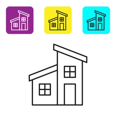 Beyaz arka planda siyah çizgi ev simgesi izole edildi. Ev sembolü. Renkli kare düğmeleri ayarlayın. Vektör İllüstrasyonu