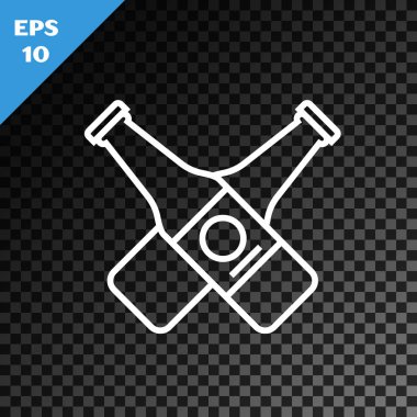 Beyaz çizgi, şeffaf koyu arkaplanda izole edilmiş bira şişesi ikonu. Vektör İllüstrasyonu