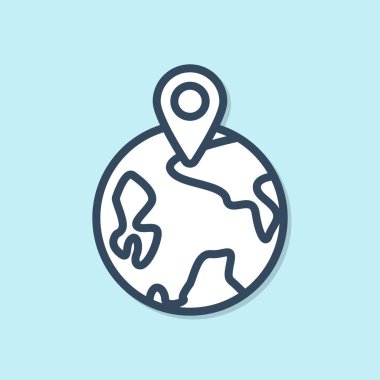 Mavi çizgi dünya çapında bir simge mavi arkaplanda izole edildi. Yerküreye iğnele. Vektör İllüstrasyonu