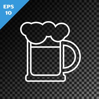 Beyaz çizgi ahşap bira kupası simgesi şeffaf koyu arkaplanda izole edilmiş. Vektör İllüstrasyonu