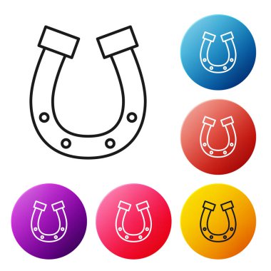 Beyaz arka planda siyah çizgi at nalı simgesi izole edildi. Renkli daire düğmelerini ayarlayın. Vektör İllüstrasyonu