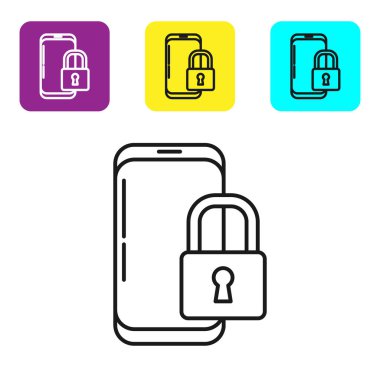 Beyaz arkaplanda izole edilmiş asma kilit simgesine sahip siyah çizgi akıllı telefon. Kilitli telefon. Gezici güvenlik, güvenlik, koruma konsepti. Renkli kare düğmeleri ayarlayın. Vektör İllüstrasyonu