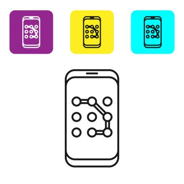 Siyah çizgi cep telefonu ve beyaz arkaplanda izole edilmiş grafik şifre koruma simgesi. Güvenlik, güvenlik, kişisel erişim, kullanıcı yetkisi. Renkli kare düğmeleri ayarlayın. Vektör İllüstrasyonu