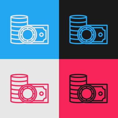 Renkli kumarhane çipleri ve desteler kağıt para nakit ikonu renk arkaplan izole. Kumarhane kumarı. Klasik tarzda çizim. Vektör İllüstrasyonu