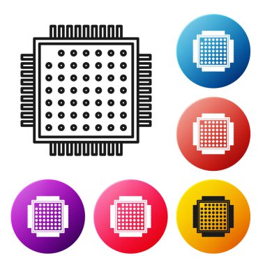 Siyah çizgi İşlemci simgesi beyaz arkaplanda izole edildi. İşlemci, merkezi işlem birimi, mikroçip, mikro devre, bilgisayar işlemcisi, çip. Renkli daire düğmelerini ayarlayın. Vektör İllüstrasyonu