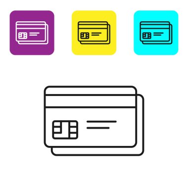 Siyah çizgi Kredi kartı simgesi beyaz arka planda yalıtılmış. Online ödeme. Nakit para çekme. Finansal operasyonlar. Alışveriş tabelası. Simgeleri renkli kare düğmeleri ayarlayın. Vektör İllüstrasyonu