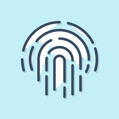 Mavi çizgi parmak izi simgesi mavi arkaplanda izole edildi. Kimlik uygulama simgesi. Kimlik işareti. Kimliğe dokun. Vektör İllüstrasyonu