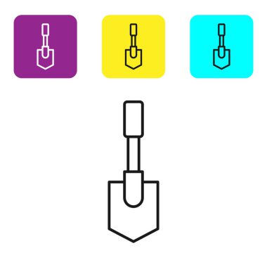 Siyah çizgi Shovel simgesi beyaz arka plan üzerinde izole. Bahçıvanlık aleti. Bahçecilik, tarım, tarım için bir araç. Simgeleri renkli kare düğmeleri ayarlayın. Vektör İllüstrasyonu