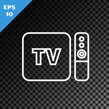 Beyaz çizgi Multimedia ve TV kutucuğu alıcısı ve uzaktan kumanda simgesine sahip oyuncu şeffaf koyu arkaplanda izole edildi. Vektör İllüstrasyonu