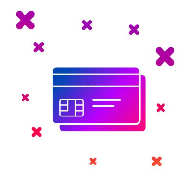 Renkli kredi kartı simgesi beyaz arka planda yalıtılmış. Online ödeme. Nakit para çekme. Finansal operasyonlar. Alışveriş tabelası. Degrade rasgele dinamik şekiller. Vektör Illustration