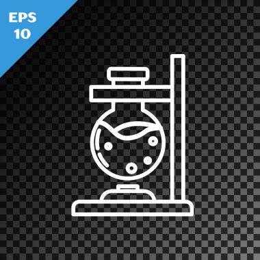 Beyaz çizgi cam tüp deney tüpü yangın ısıtıcısı üzerinde deney ikonu şeffaf karanlık arka planda izole. Laboratuvar ekipmanları. Vektör İllüstrasyonu