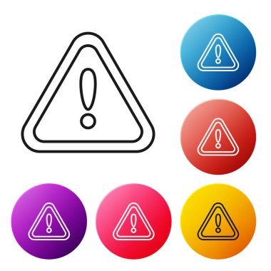 Beyaz arkaplanda siyah çizgi ünlem işareti. Tehlike uyarısı, dikkat, dikkat, tehlike uyarısı önemli bir işaret. Renkli daire düğmelerini ayarlayın. Vektör İllüstrasyonu