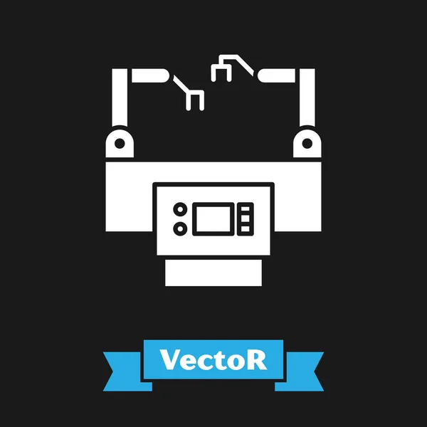 Icono de línea de montaje blanco aislado sobre fondo negro. Transportador automático de producción. Concepto de industria robótica. Ilustración vectorial — Vector de stock