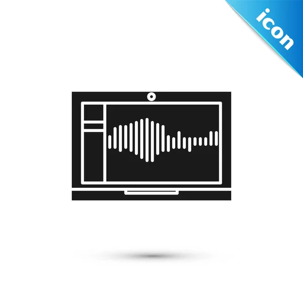 Black Sound ou gravador de áudio ou editor de software no ícone do laptop isolado no fundo branco. Ilustração vetorial — Vetor de Stock