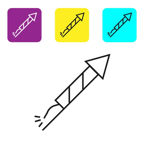 黑色线烟火火箭图标隔离在白色背景上 趣味派对的概念 爆炸性烟火符号 设置图标彩色方形按钮 矢量插图 — 图库矢量图片