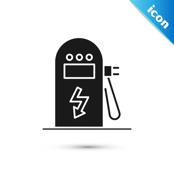 Icône de borne de recharge de voiture électrique noire isolée sur fond blanc. Panneau de pompe à carburant électrique écologique. Illustration vectorielle — Image vectorielle