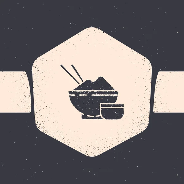 Grunge rýže v misce s hůlkou a omáčkou ikona izolované na šedém pozadí. Tradiční asijské jídlo. Černobílý vinobraní. Vektorová ilustrace — Stockový vektor