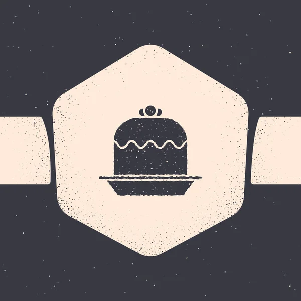 Ikona Grunge Cake izolované na šedém pozadí. Všechno nejlepší. Černobílý vinobraní. Vektorová ilustrace — Stockový vektor