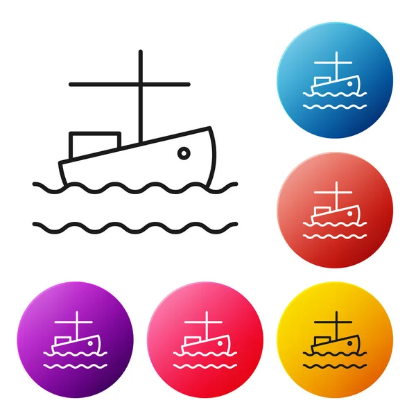 黑线渔船上的水面图标隔离在白色背景上 设置彩色圆形按钮图标 病媒图解 — 图库矢量图片