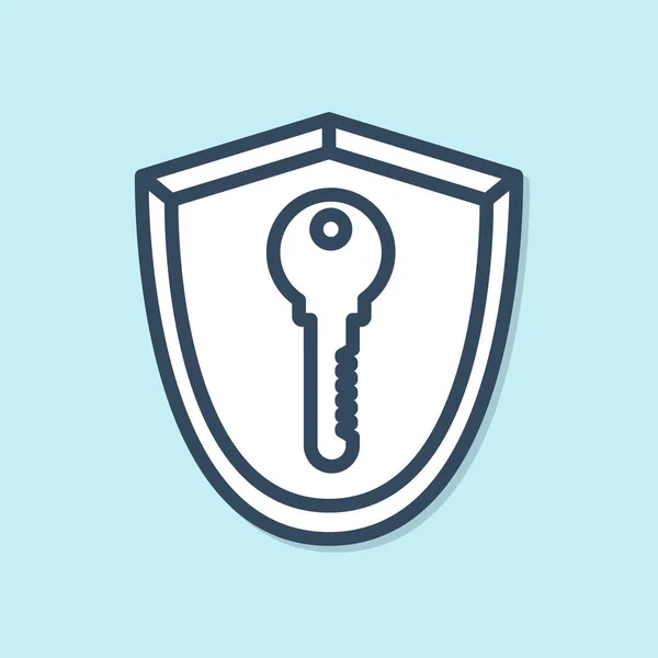 Blauw Lijnschild Met Sleutelpictogram Geïsoleerd Blauwe Achtergrond Bescherming Veiligheid Concept — Stockvector
