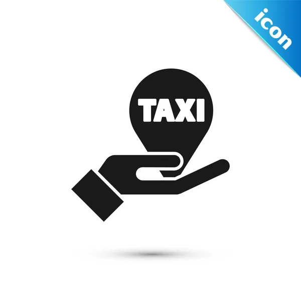 Schwarze Hand auf Kartenzeiger mit Taxisymbol auf weißem Hintergrund. Standort-Symbol. Vektorillustration — Stockvektor