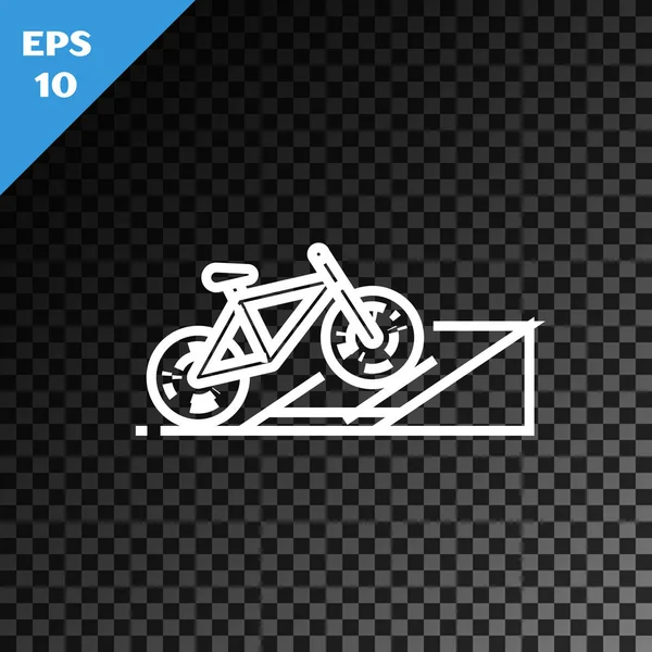 White line Bicycle on street ramp icon isolated on transparent dark background. Skate park. Extreme sport. Sport equipment.  Vector Illustration