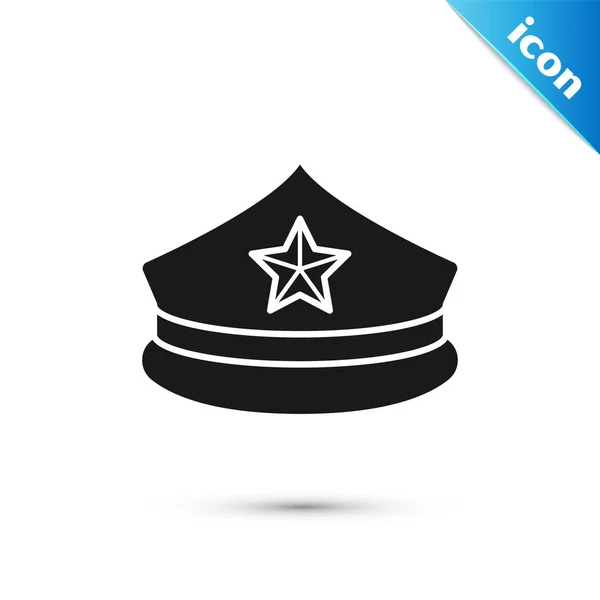 Gorra de policía negra con icono de escarapela aislado sobre fondo blanco. Señal de sombrero de policía. Ilustración vectorial — Vector de stock