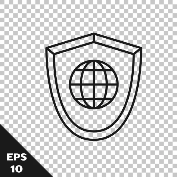 Black Line Shield World Globe Icon Isolated Transparent Background Security — Stock Vector