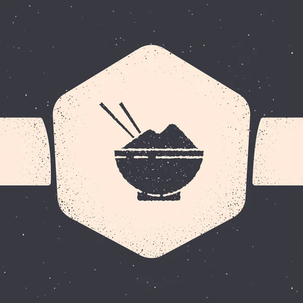 Grunge Rice in a bowl with chopstick icon isolated on grey background. Traditional Asian food. Monochrome vintage drawing. Vector Illustration — Stock Vector