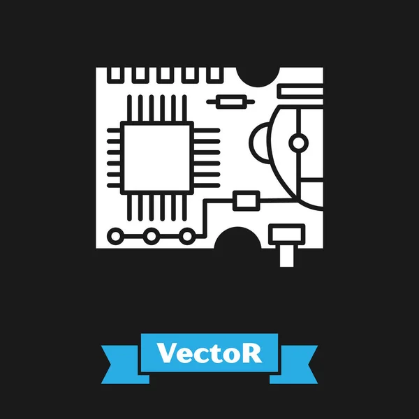 Icono de placa de circuito impreso en blanco aislado sobre fondo negro. Ilustración vectorial — Vector de stock