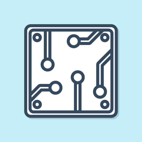 Синяя линия Иконка процессора выделена на синем фоне. Процессор, центральный процессор, микрочип, микросхема, компьютерный процессор, чип. Векторная миграция
