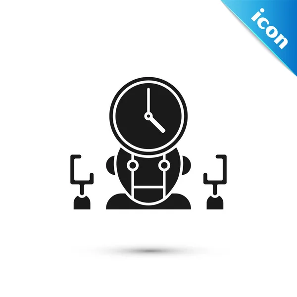 Robot negro y el icono del gestor de tiempo digital aislado sobre fondo blanco. Asistencia de gestión de tiempo, ayuda de optimización de flujo de trabajo. Ilustración vectorial — Archivo Imágenes Vectoriales