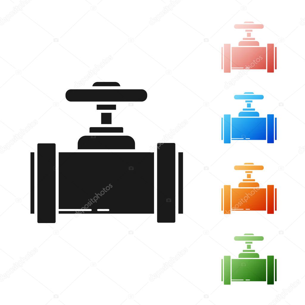 Black Industry metallic pipes and valve icon isolated on white background. Set icons colorful. Vector Illustration