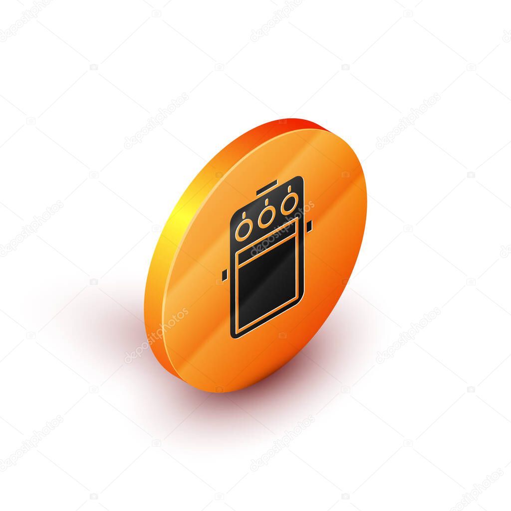 Isometric Guitar pedal icon isolated on white background. Musical equipment. Orange circle button. Vector Illustration