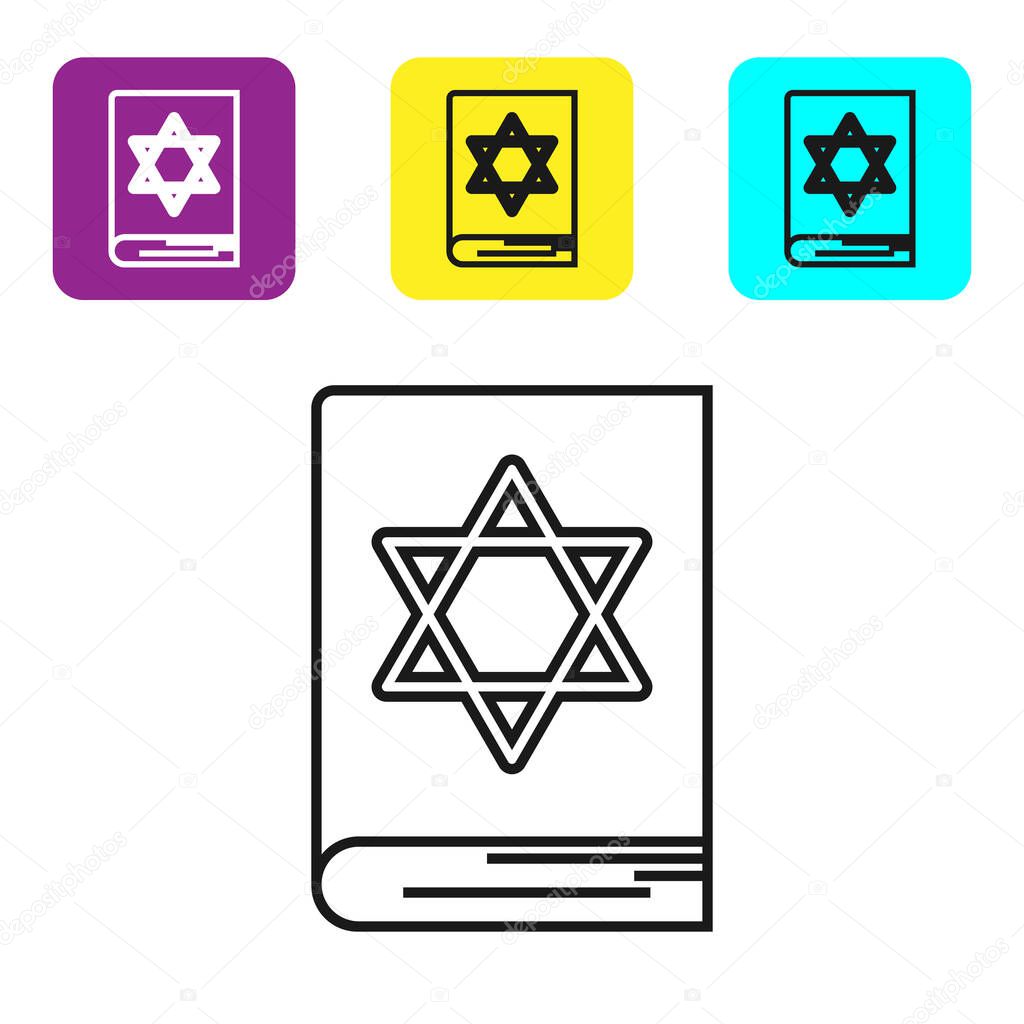Black line Jewish torah book icon isolated on white background. Pentateuch of Moses. On the cover of the Bible is the image of the Star of David. Set icons colorful square buttons. Vector Illustration
