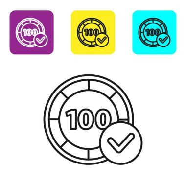 Siyah çizgi kumarhane çipleri simgesi beyaz arka planda izole edildi. Kumarhane kumarı. Renkli kare düğmeleri ayarlayın. Vektör İllüstrasyonu